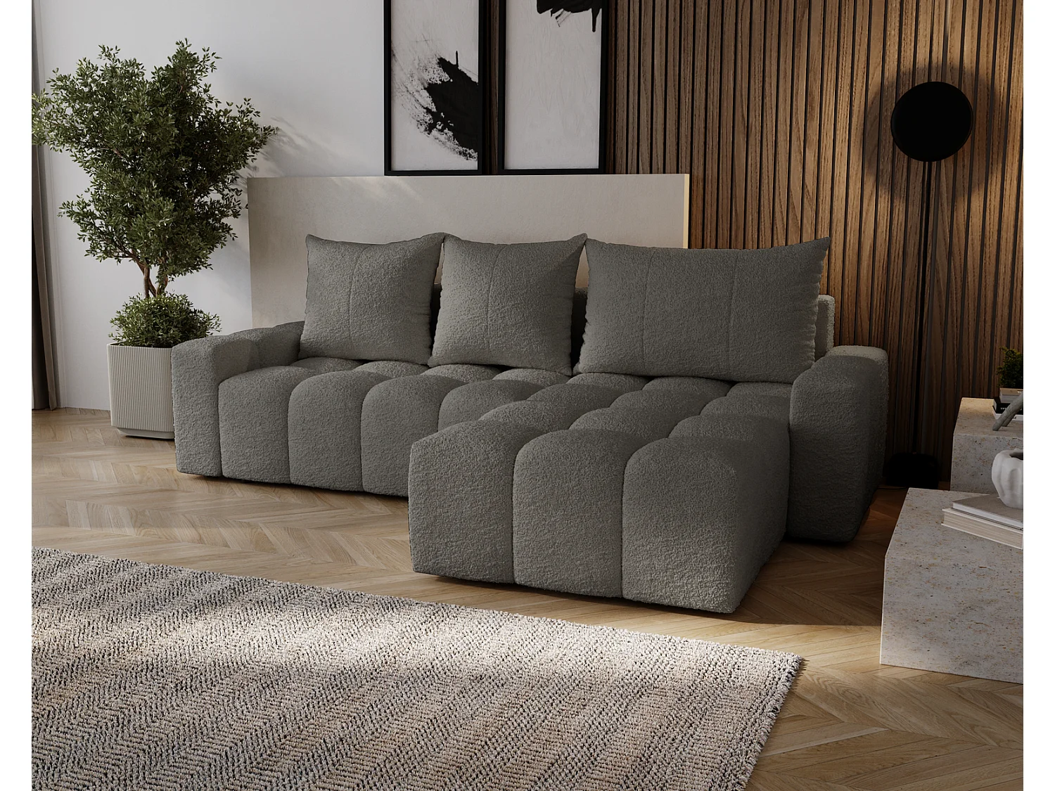 Canapé d'angle convertible Wilson, 255 cm, tissu bouclé, droit, gris foncé