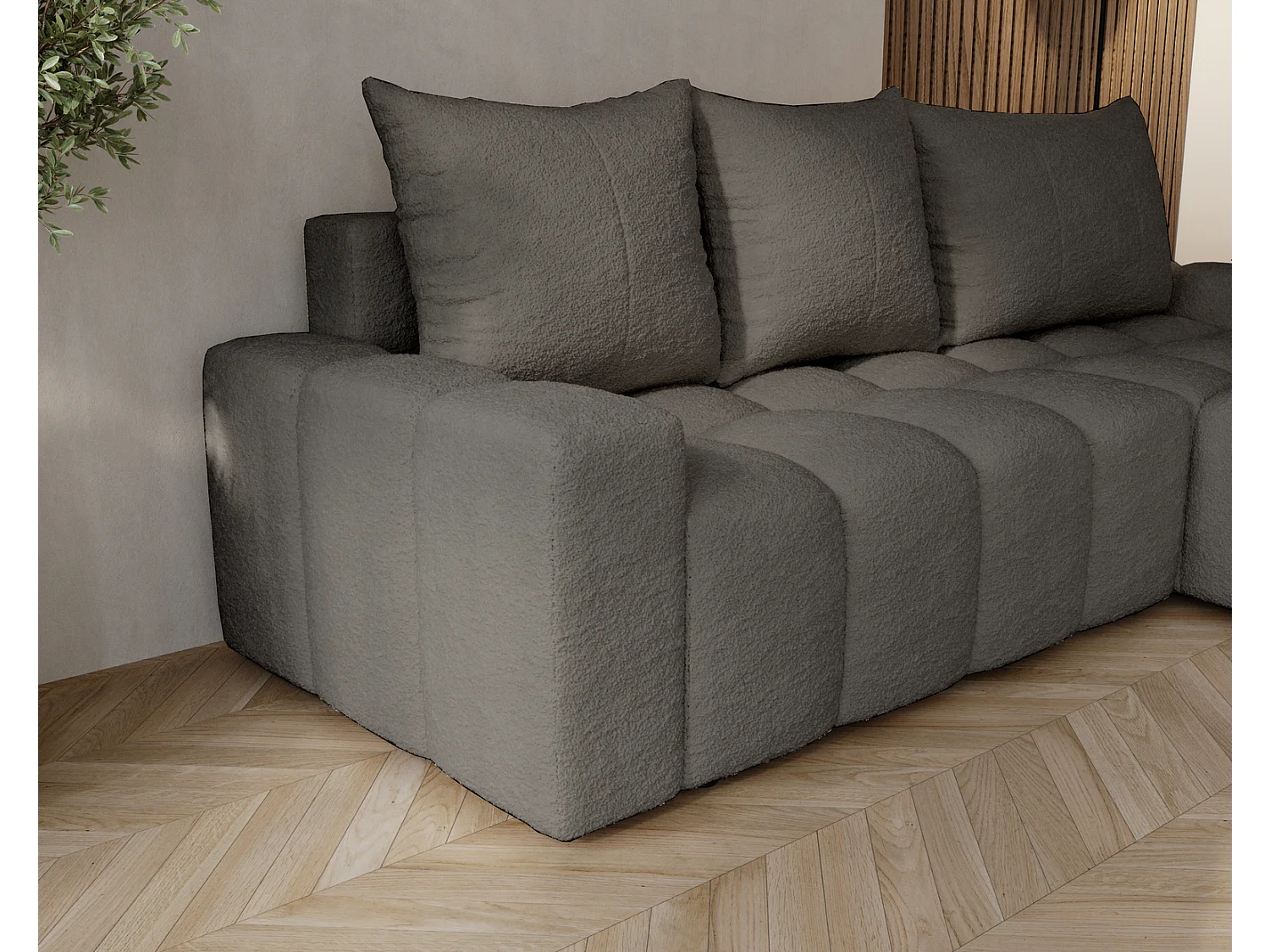 Canapé d'angle convertible Wilson, 255 cm, tissu bouclé, droit, gris foncé