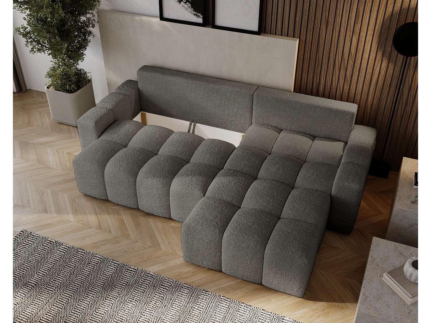 Canapé d'angle convertible Wilson, 255 cm, tissu bouclé, droit, gris foncé