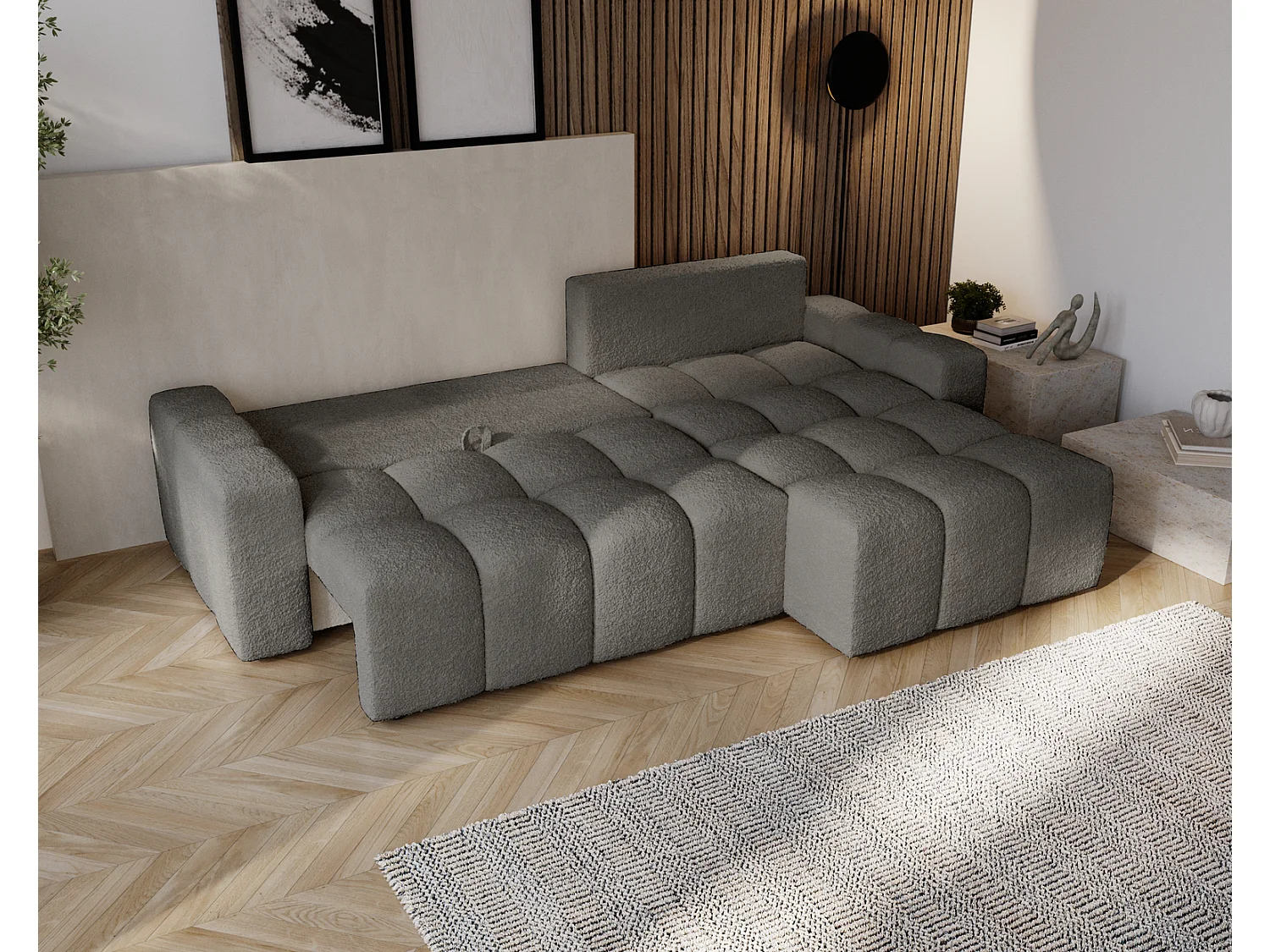 Canapé d'angle convertible Wilson, 255 cm, tissu bouclé, droit, gris foncé
