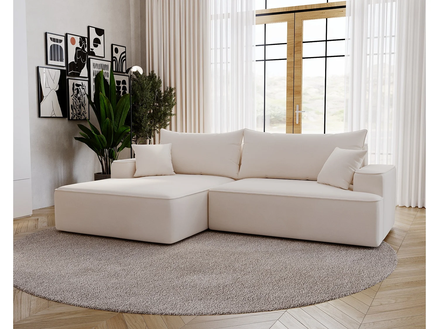 Emporius Dallas Canapé d'angle 270 cm, Convertible, Tissu Velours - Gauche, Crème (Komodo 10)