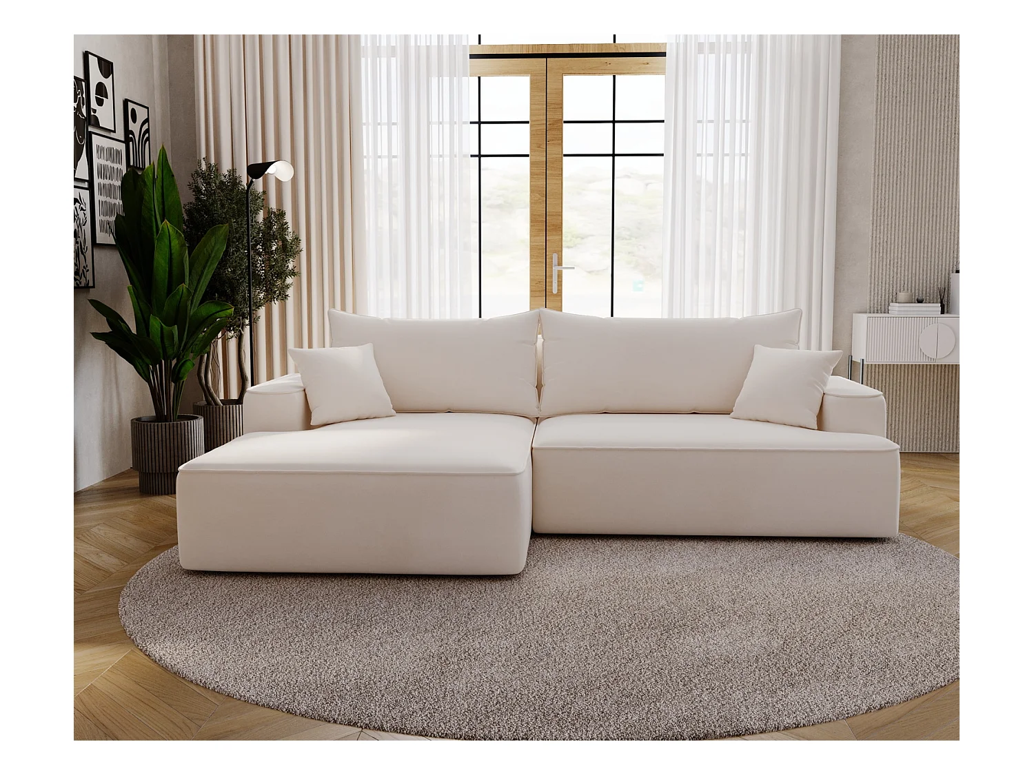 Emporius Dallas Canapé d'angle 270 cm, Convertible, Tissu Velours - Gauche, Crème (Komodo 10)