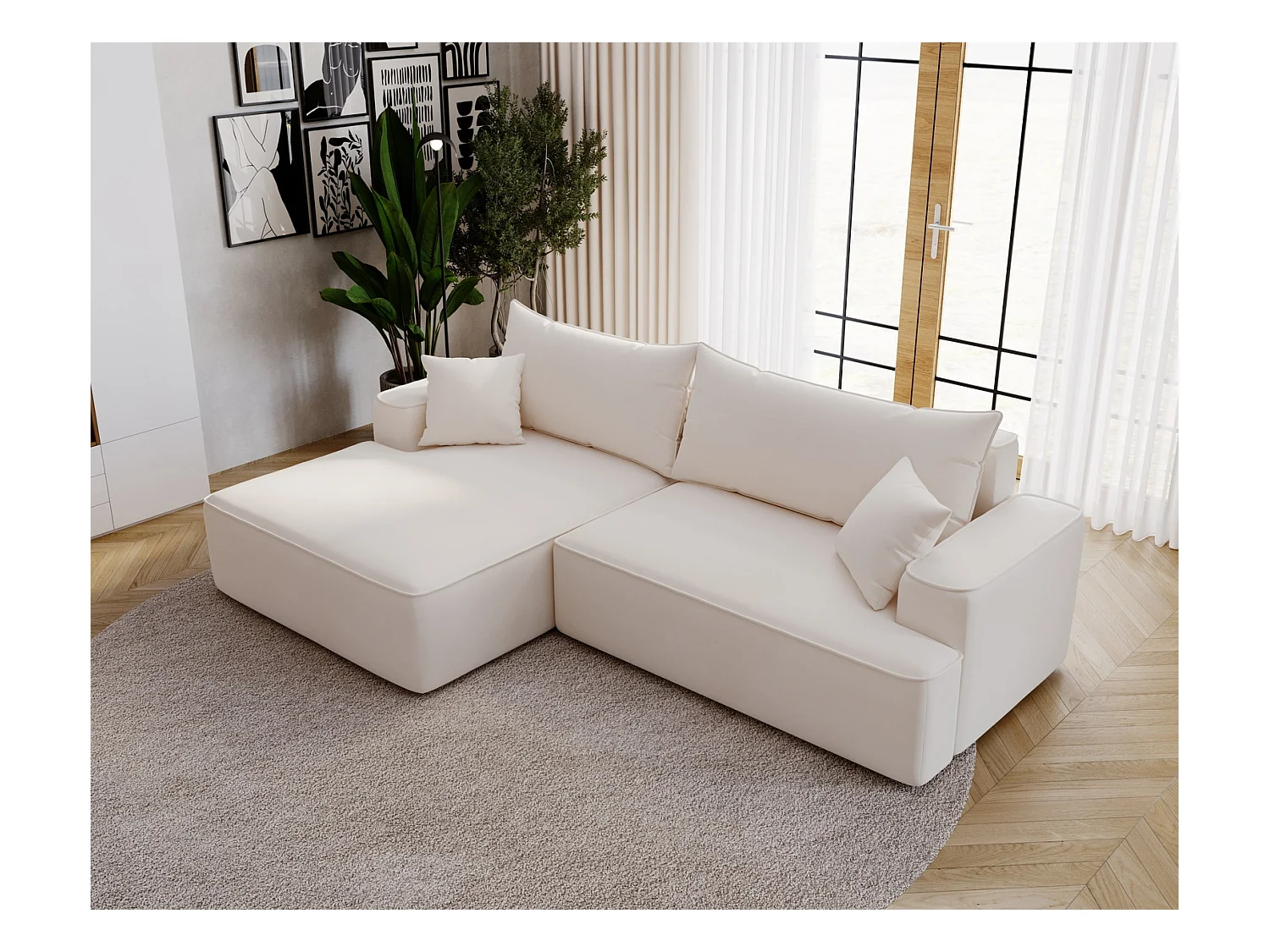 Emporius Dallas Canapé d'angle 270 cm, Convertible, Tissu Velours - Gauche, Crème (Komodo 10)