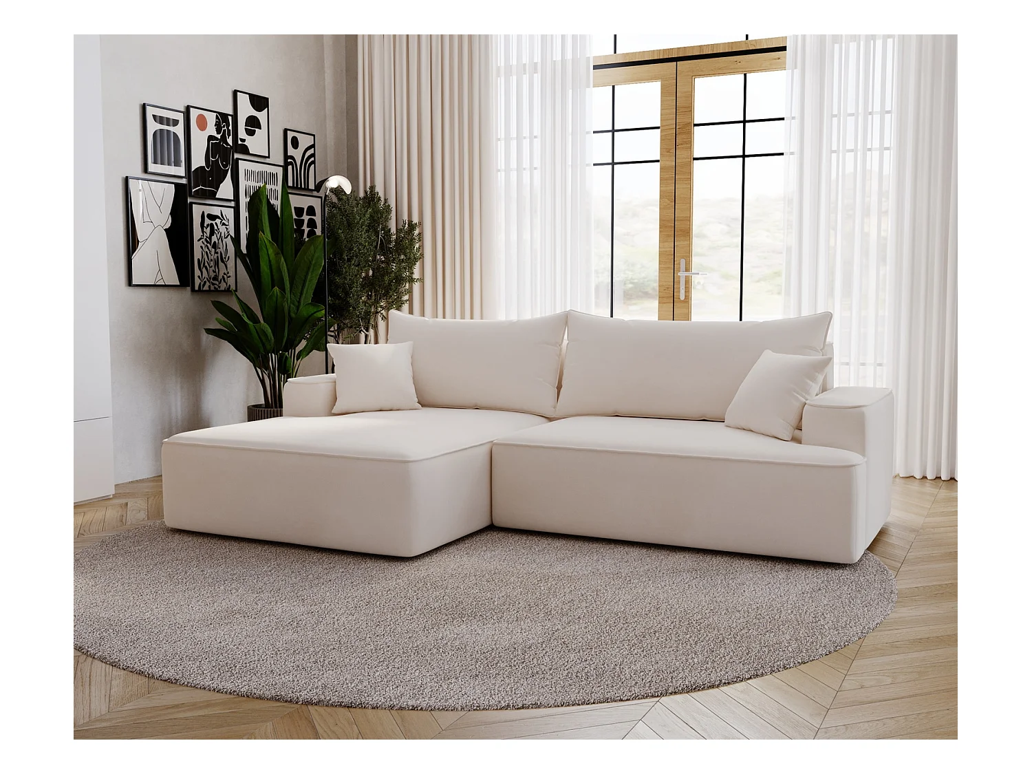 Emporius Dallas Canapé d'angle 270 cm, Convertible, Tissu Velours - Gauche, Crème (Komodo 10)