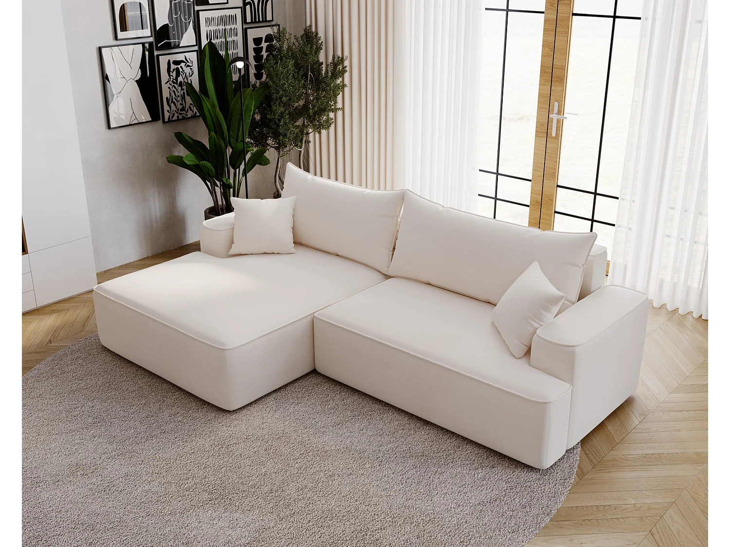 Emporius Dallas Canapé d'angle 270 cm, Convertible, Tissu Velours - Gauche, Crème (Komodo 10)