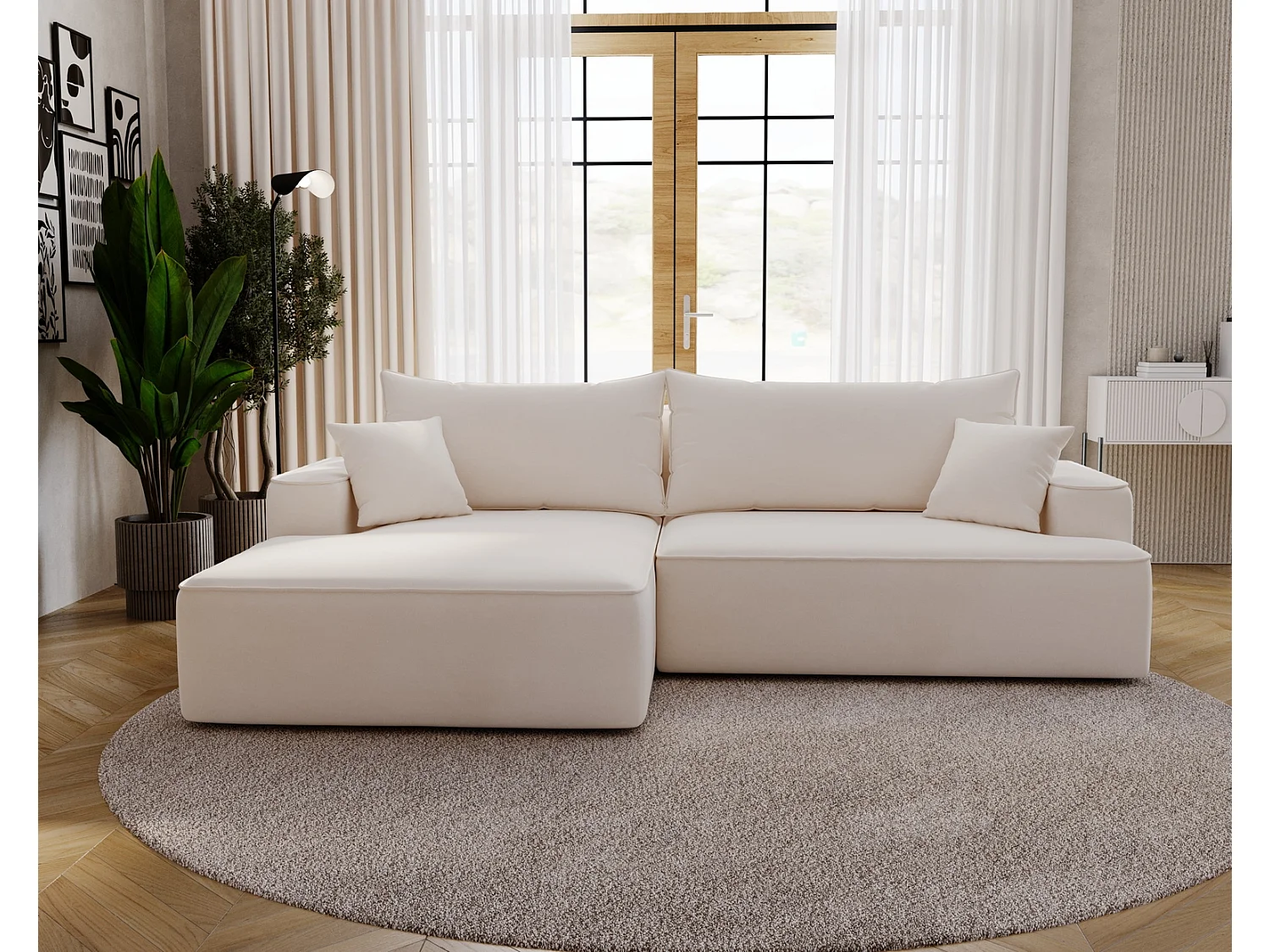 Canapé d'angle convertible Dallas, 270 cm, velours, gauche, crème