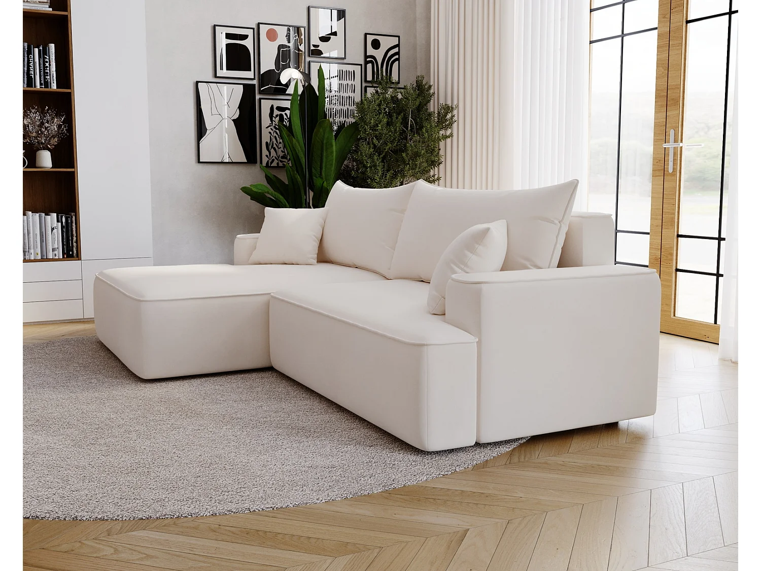 Canapé d'angle convertible Dallas, 270 cm, velours, gauche, crème