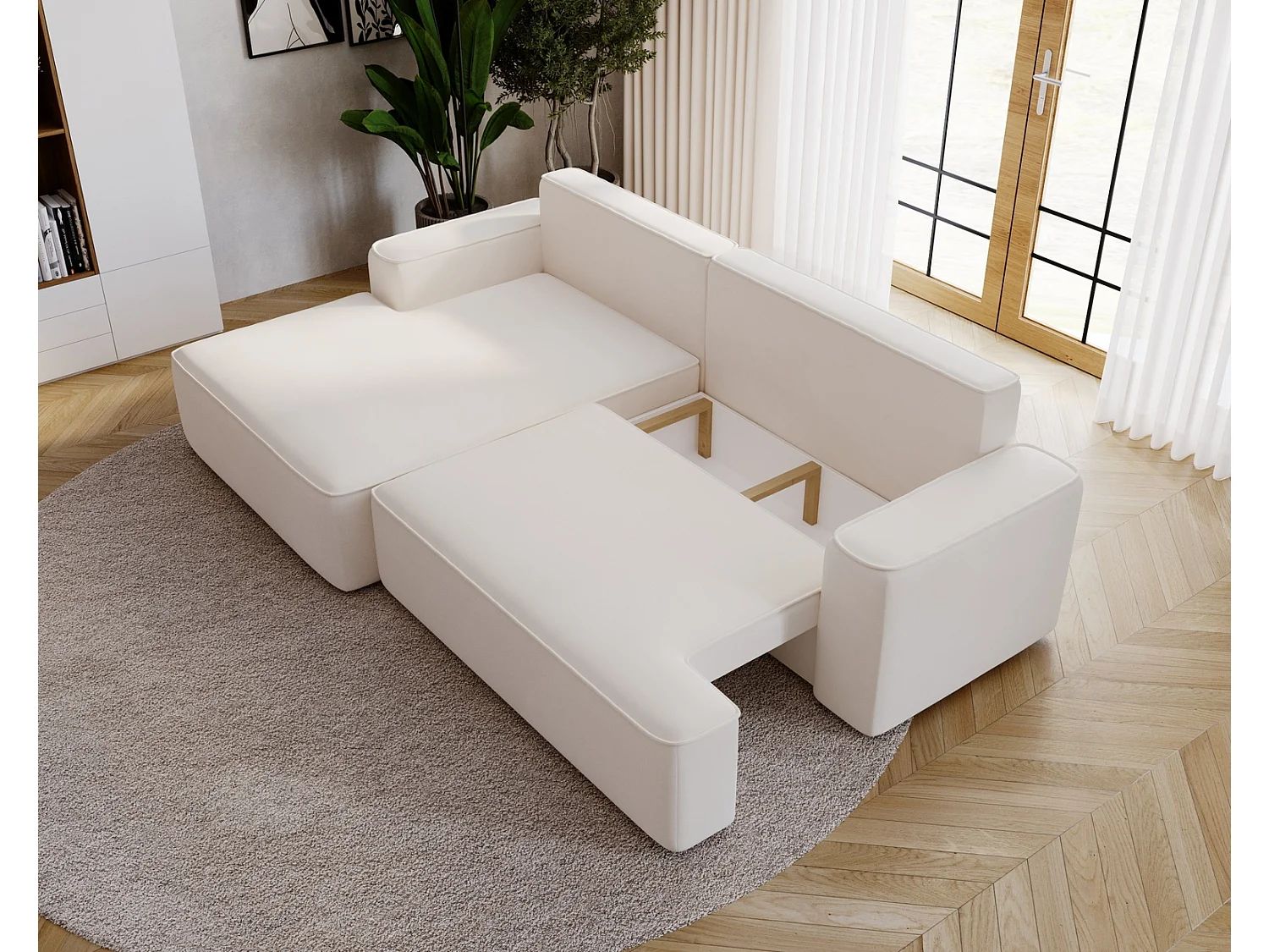 Canapé d'angle convertible Dallas, 270 cm, velours, gauche, crème