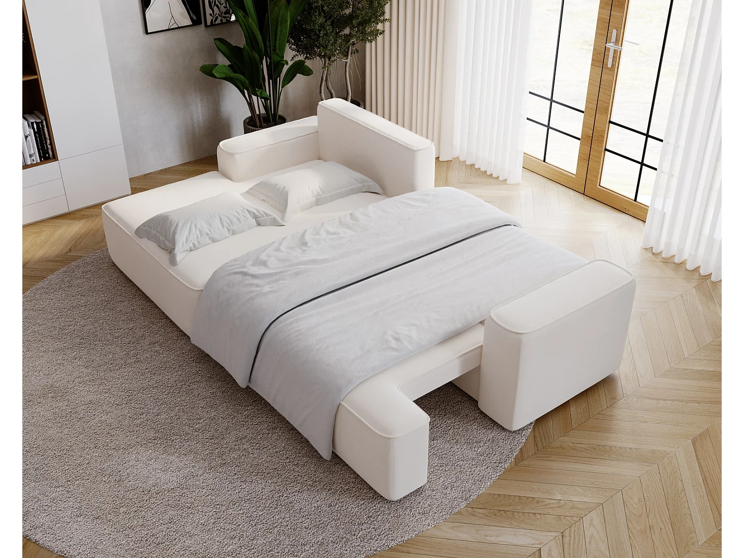 Canapé d'angle convertible Dallas, 270 cm, velours, gauche, crème