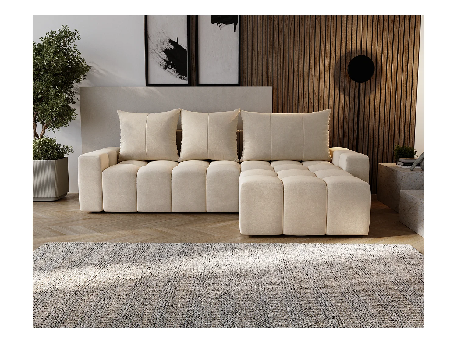 Emporius Wilson Canapé d'angle - Tissu Velours, Canapé 255 cm Convertible, Droite - Beige (Amor Velvet 4304)