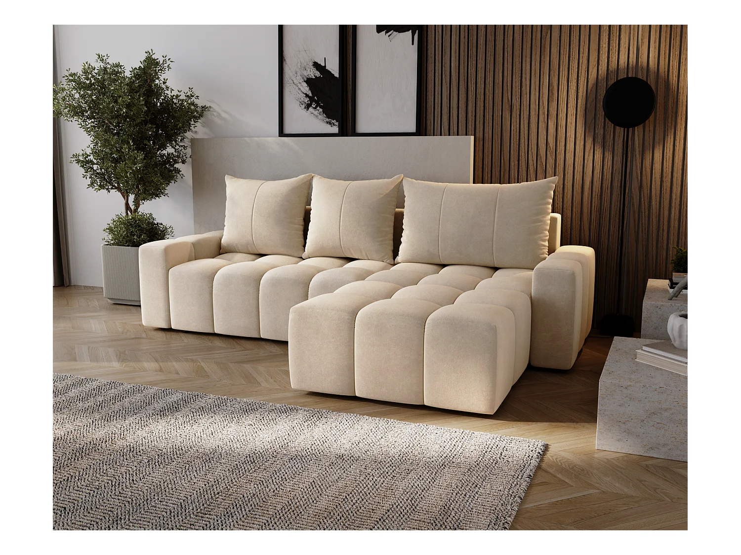 Emporius Wilson Canapé d'angle - Tissu Velours, Canapé 255 cm Convertible, Droite - Beige (Amor Velvet 4304)