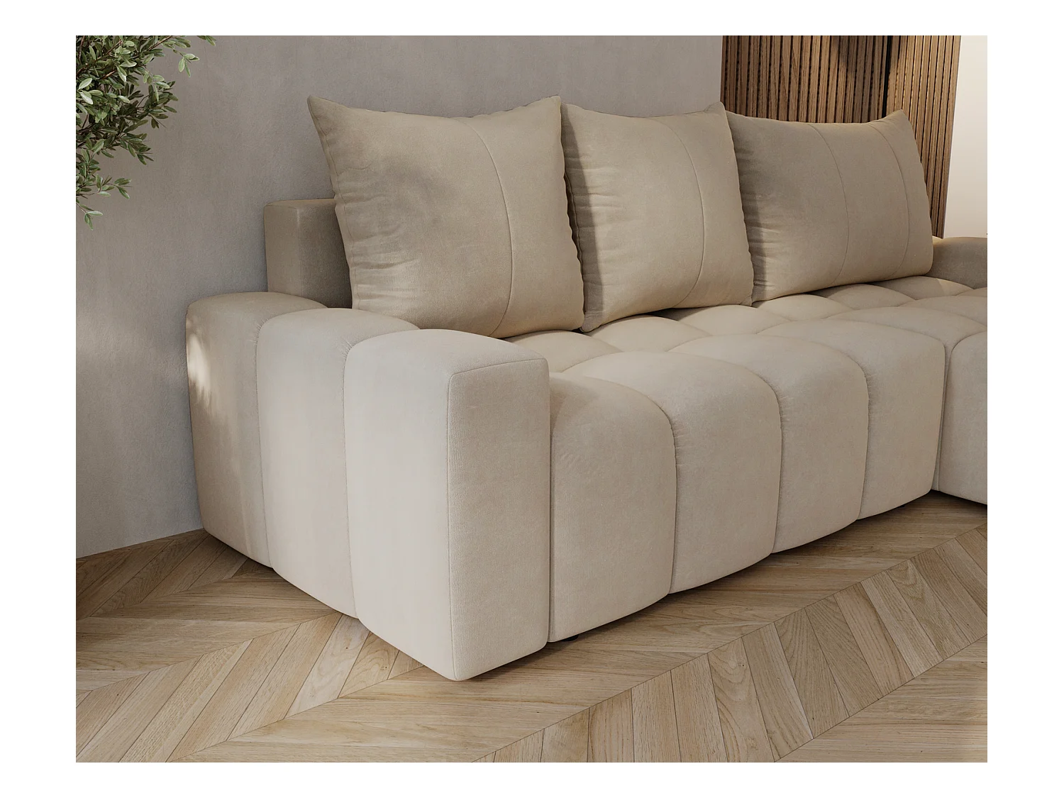 Emporius Wilson Canapé d'angle - Tissu Velours, Canapé 255 cm Convertible, Droite - Beige (Amor Velvet 4304)