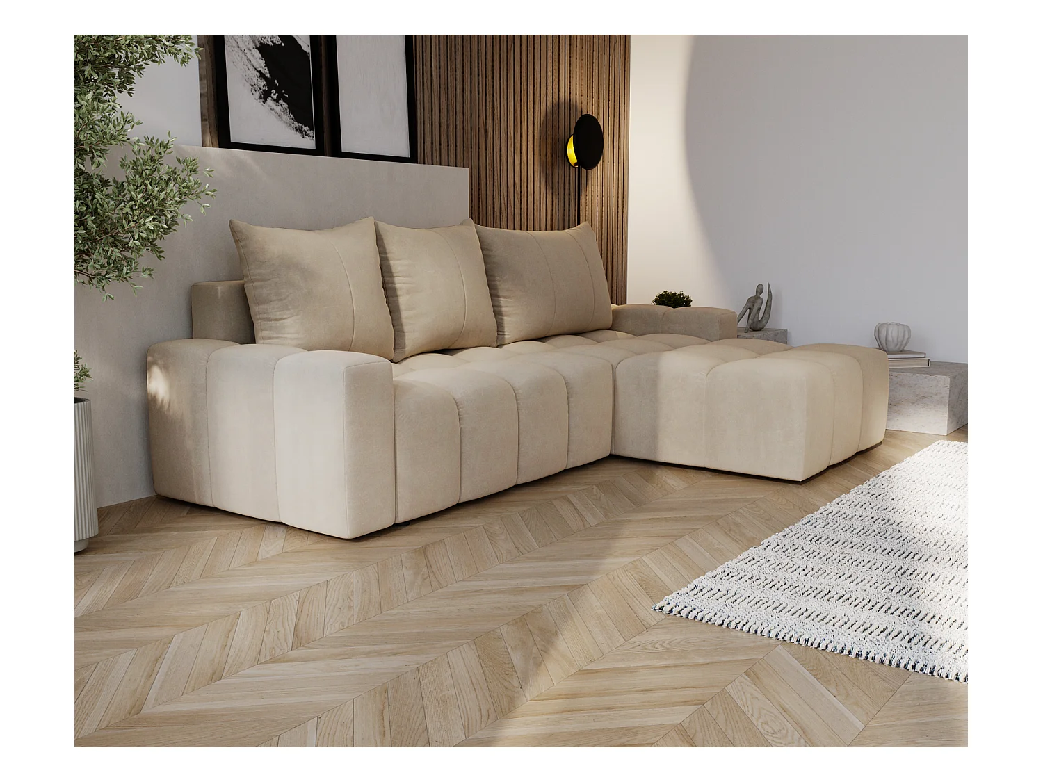 Emporius Wilson Canapé d'angle - Tissu Velours, Canapé 255 cm Convertible, Droite - Beige (Amor Velvet 4304)
