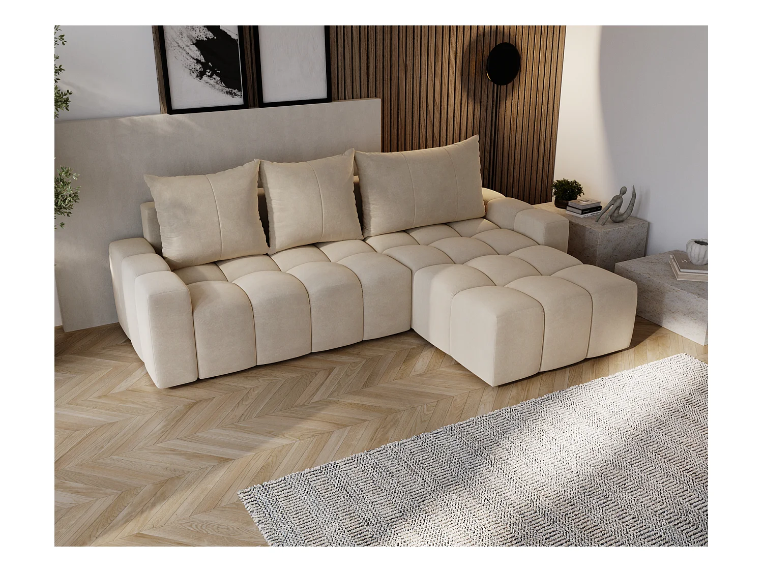 Emporius Wilson Canapé d'angle - Tissu Velours, Canapé 255 cm Convertible, Droite - Beige (Amor Velvet 4304)
