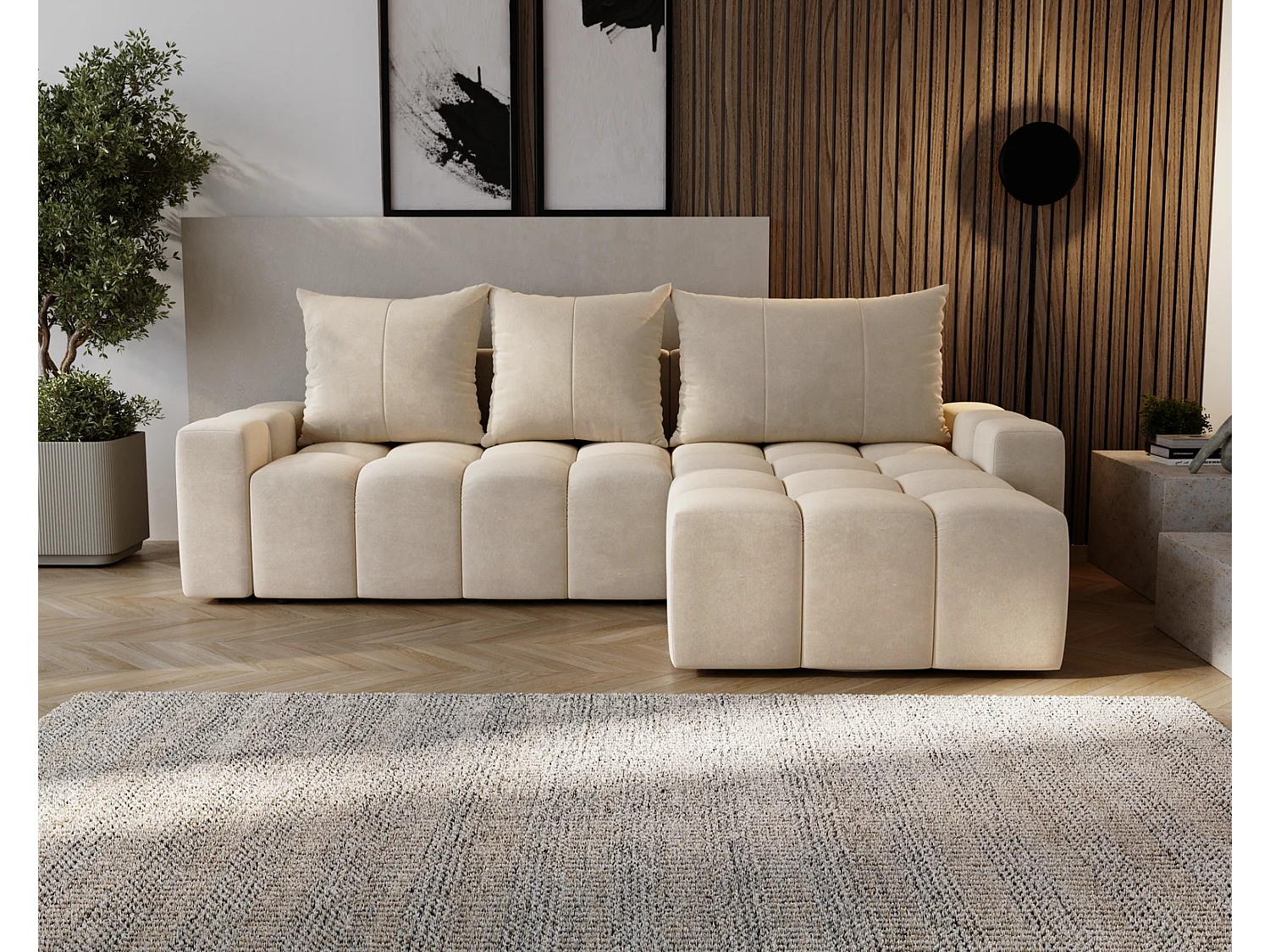 Emporius Wilson Canapé d'angle - Tissu Velours, Canapé 255 cm Convertible, Droite - Beige (Amor Velvet 4304)