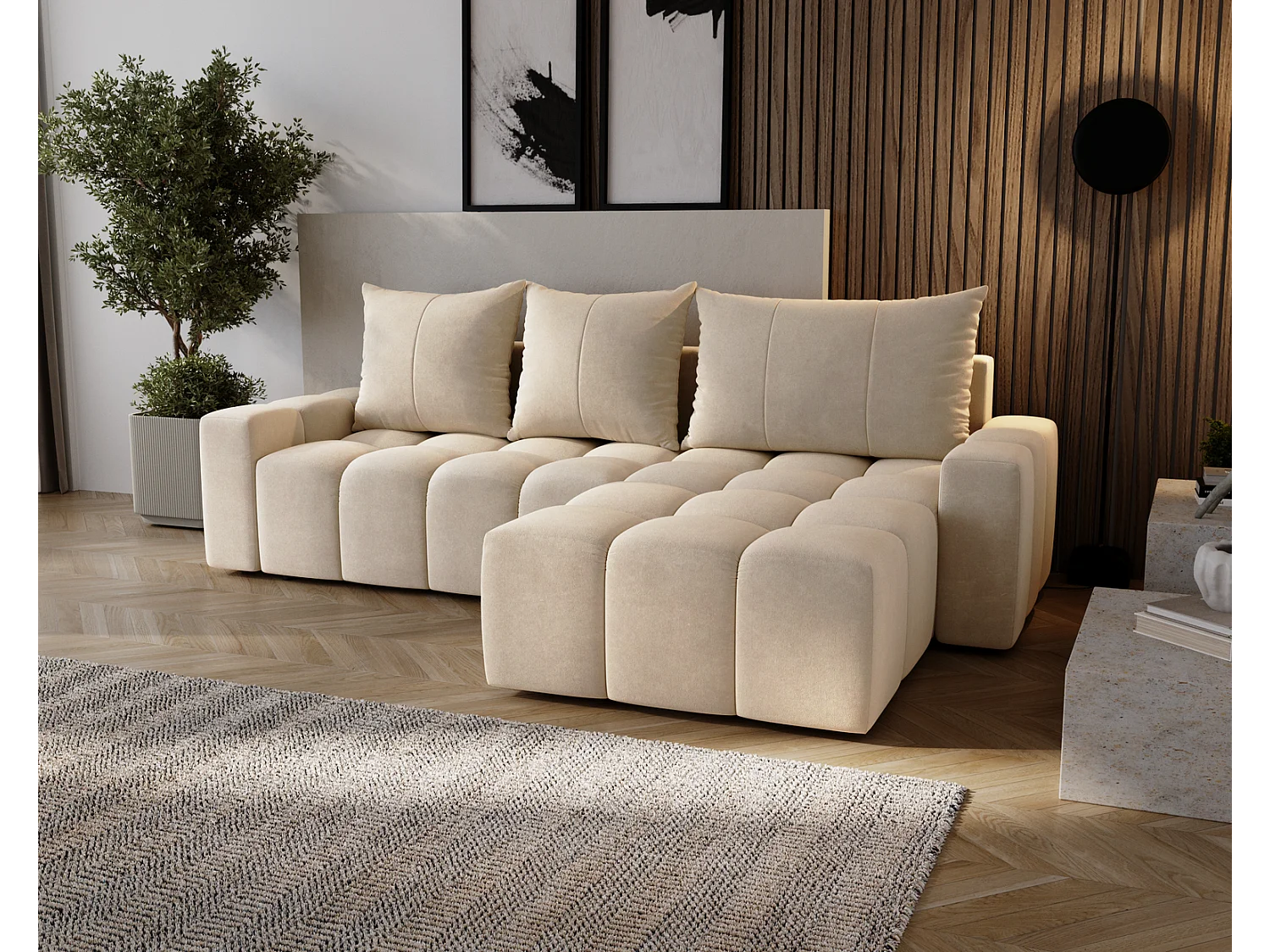 Emporius Wilson Canapé d'angle - Tissu Velours, Canapé 255 cm Convertible, Droite - Beige (Amor Velvet 4304)