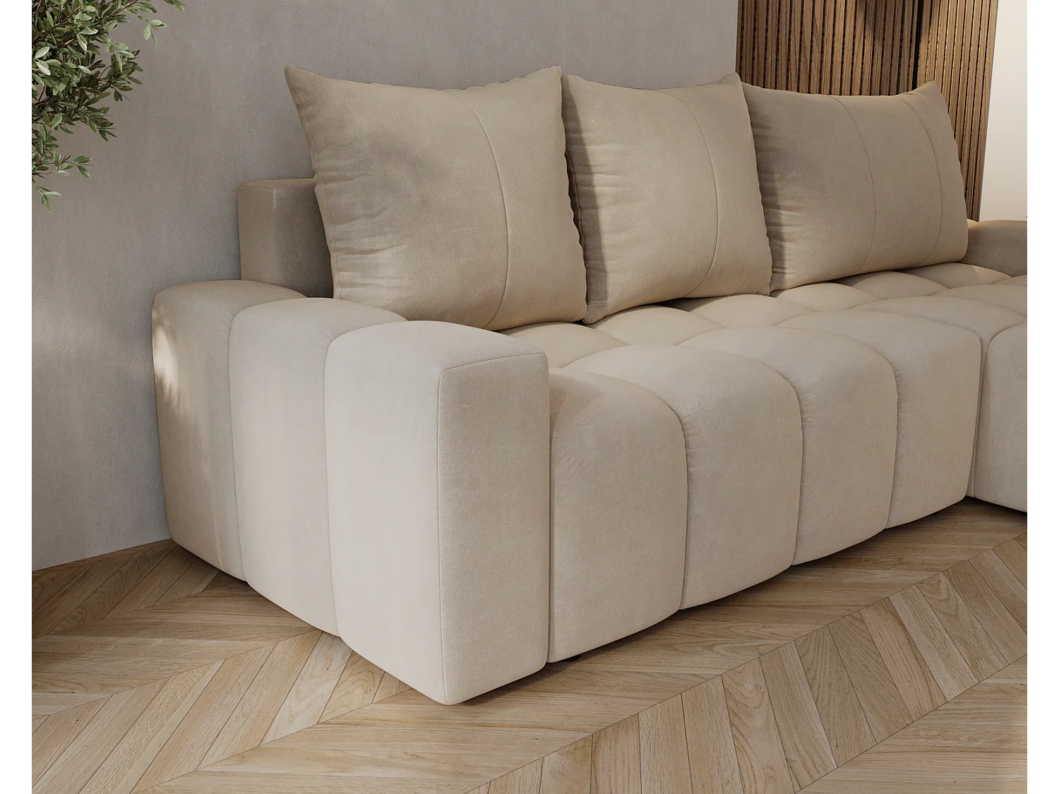 Emporius Wilson Canapé d'angle - Tissu Velours, Canapé 255 cm Convertible, Droite - Beige (Amor Velvet 4304)