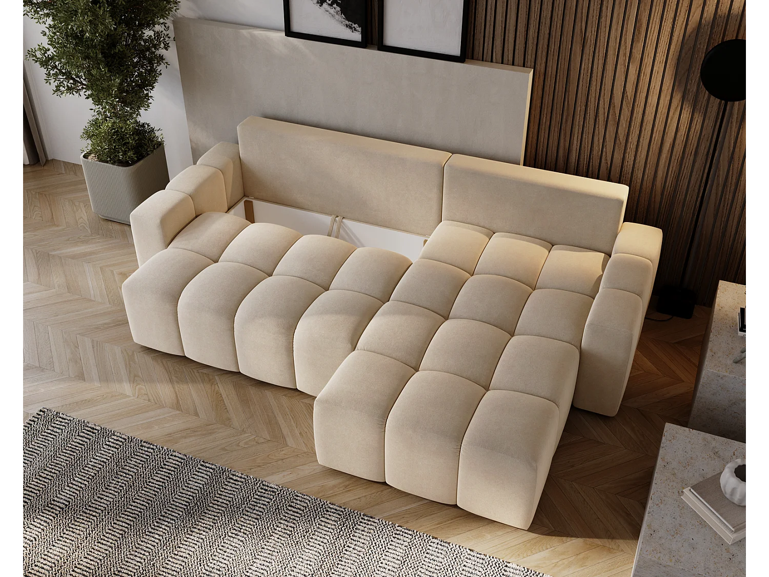 Emporius Wilson Canapé d'angle - Tissu Velours, Canapé 255 cm Convertible, Droite - Beige (Amor Velvet 4304)