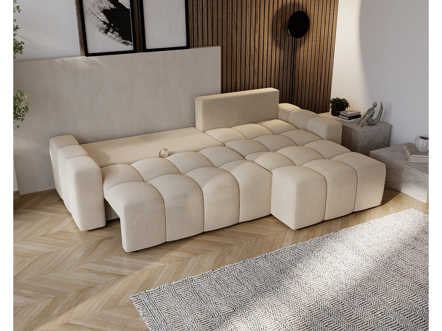 Emporius Wilson Canapé d'angle - Tissu Velours, Canapé 255 cm Convertible, Droite - Beige (Amor Velvet 4304)