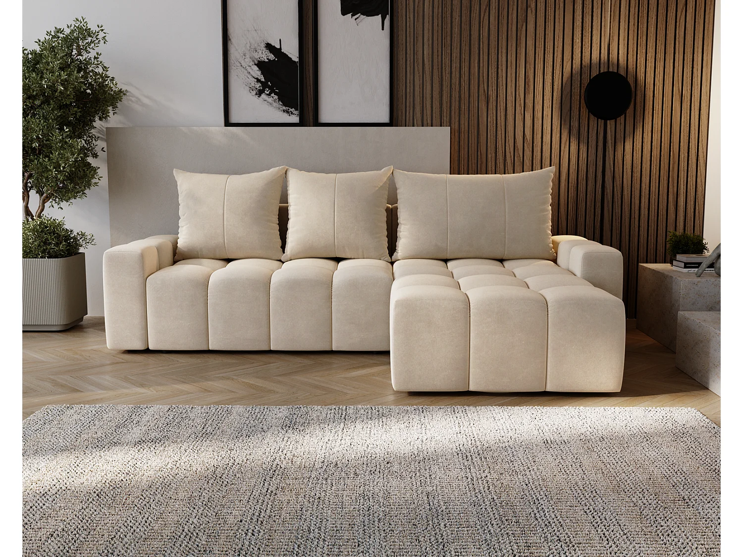 Canapé d'angle convertible Wilson, 255 cm, tissu velours, droit, beige