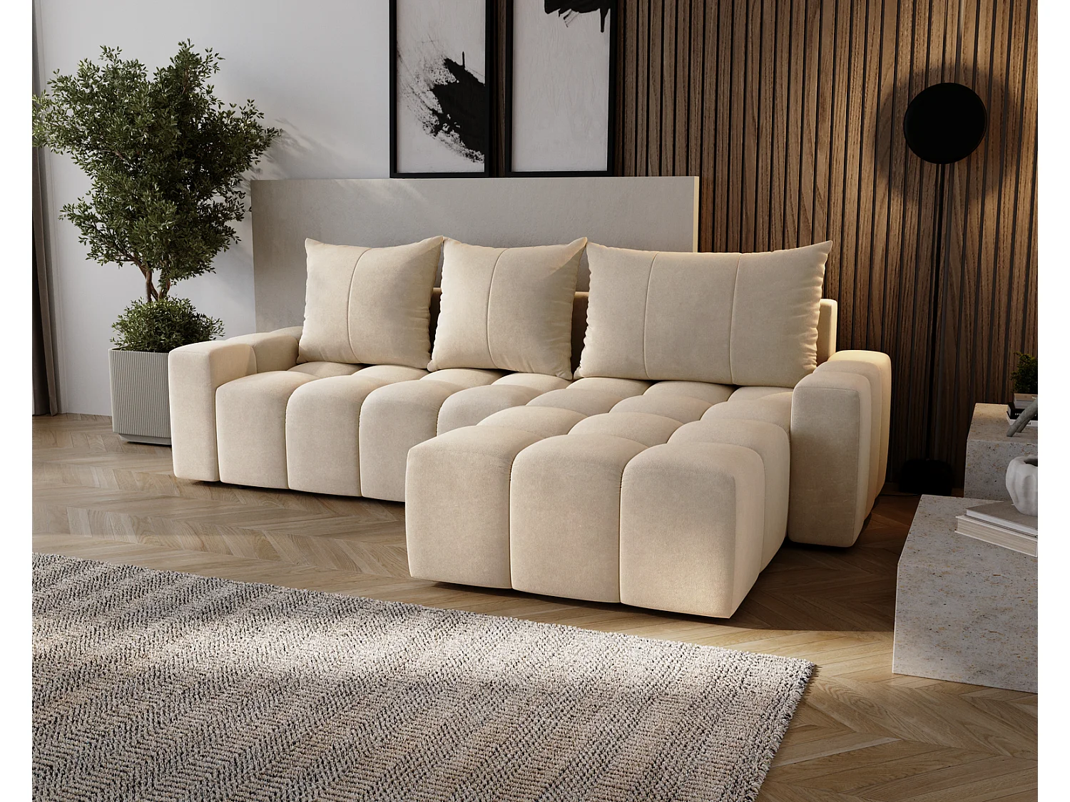 Canapé d'angle convertible Wilson, 255 cm, tissu velours, droit, beige