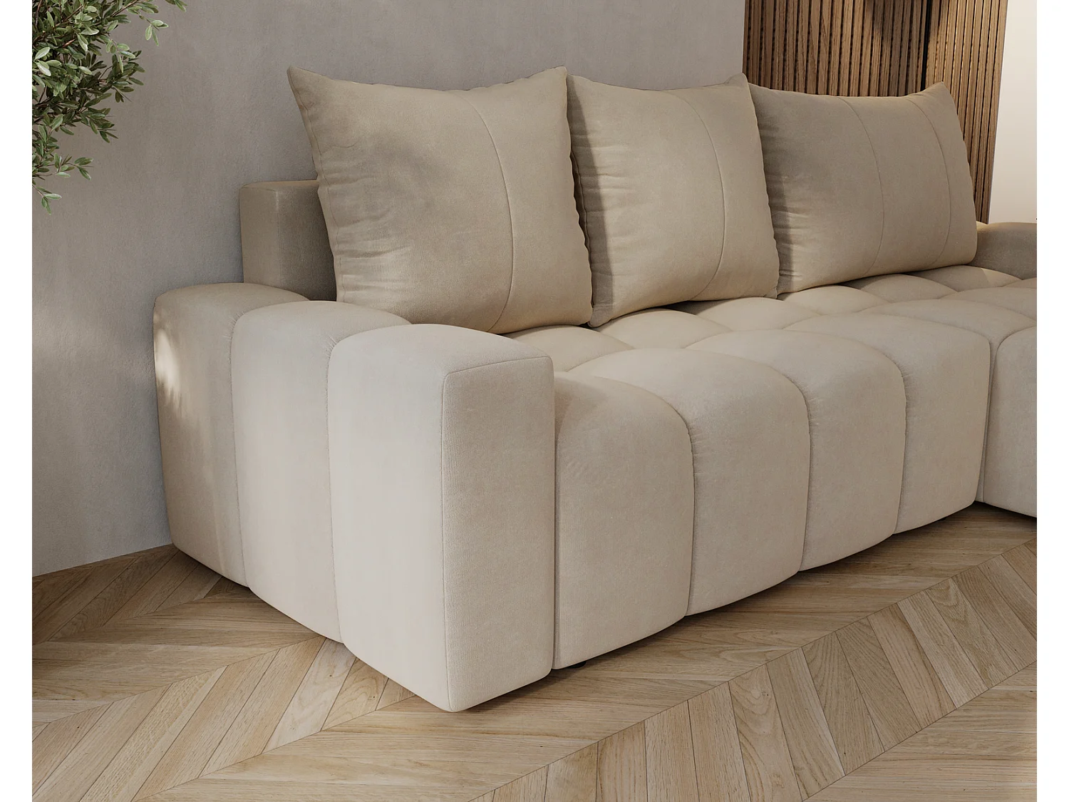 Canapé d'angle convertible Wilson, 255 cm, tissu velours, droit, beige