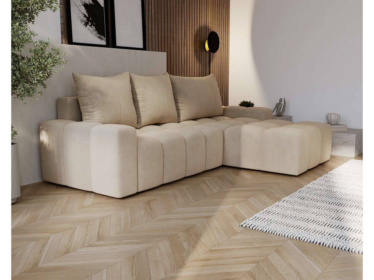 Canapé d'angle convertible Wilson, 255 cm, tissu velours, droit, beige