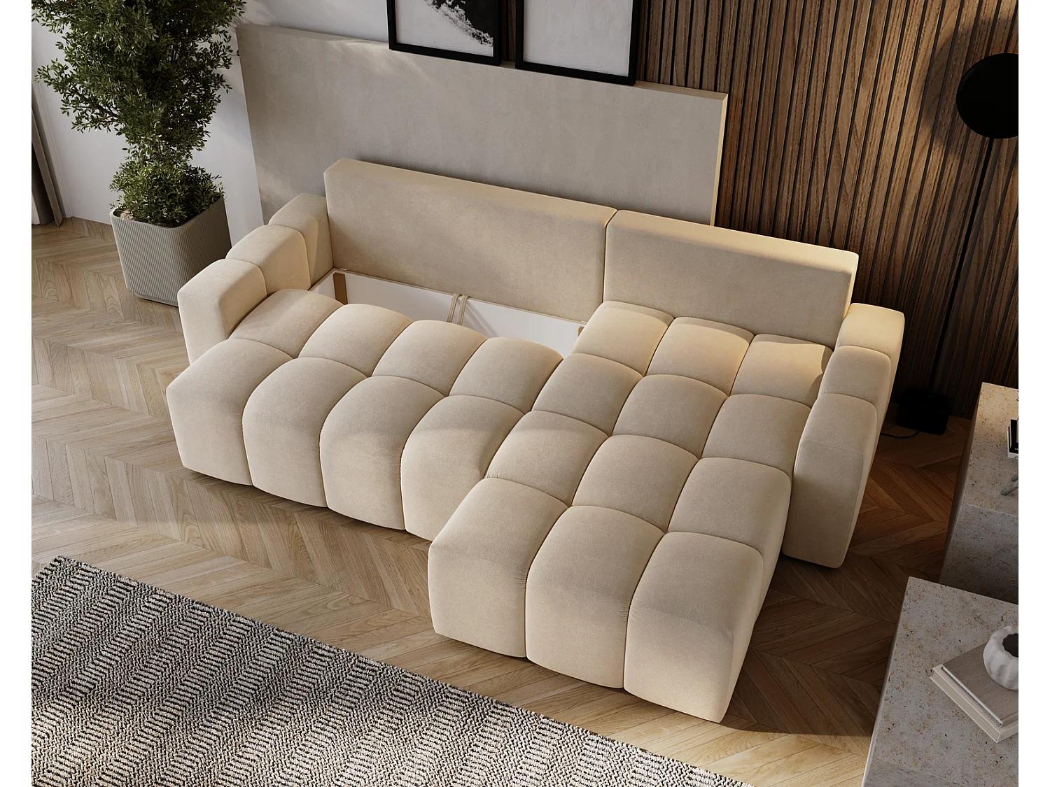 Canapé d'angle convertible Wilson, 255 cm, tissu velours, droit, beige