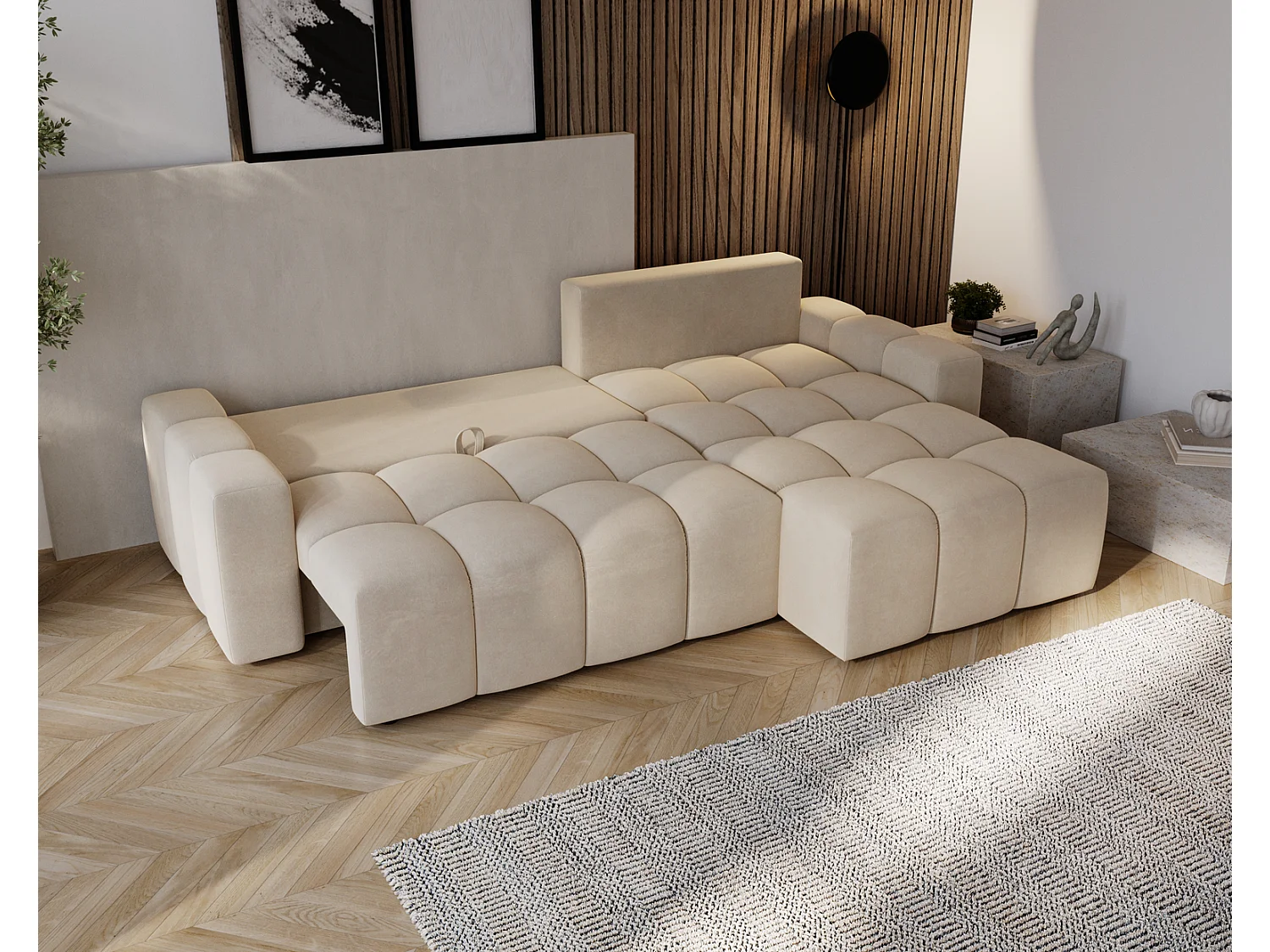 Canapé d'angle convertible Wilson, 255 cm, tissu velours, droit, beige