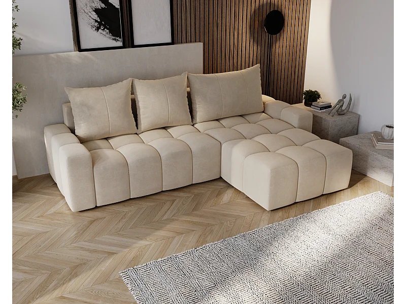 Emporius Wilson Canapé d'angle - Tissu Velours, Canapé 255 cm Convertible, Droite - Beige (Amor Velvet 4304)