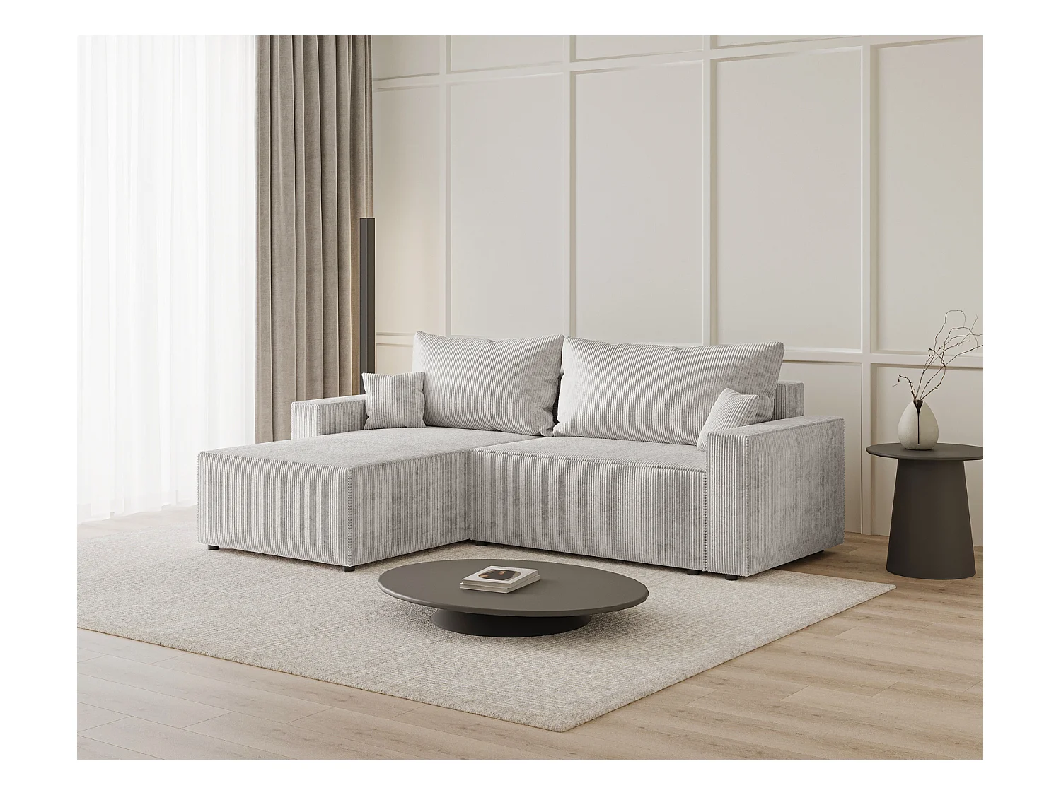 Emporius Lugo Canapé d'angle Convertible - Tissu Velours Côtelé, Canapé d'angle avec Rangement - Gauche, Gris clair (LincolD 84)