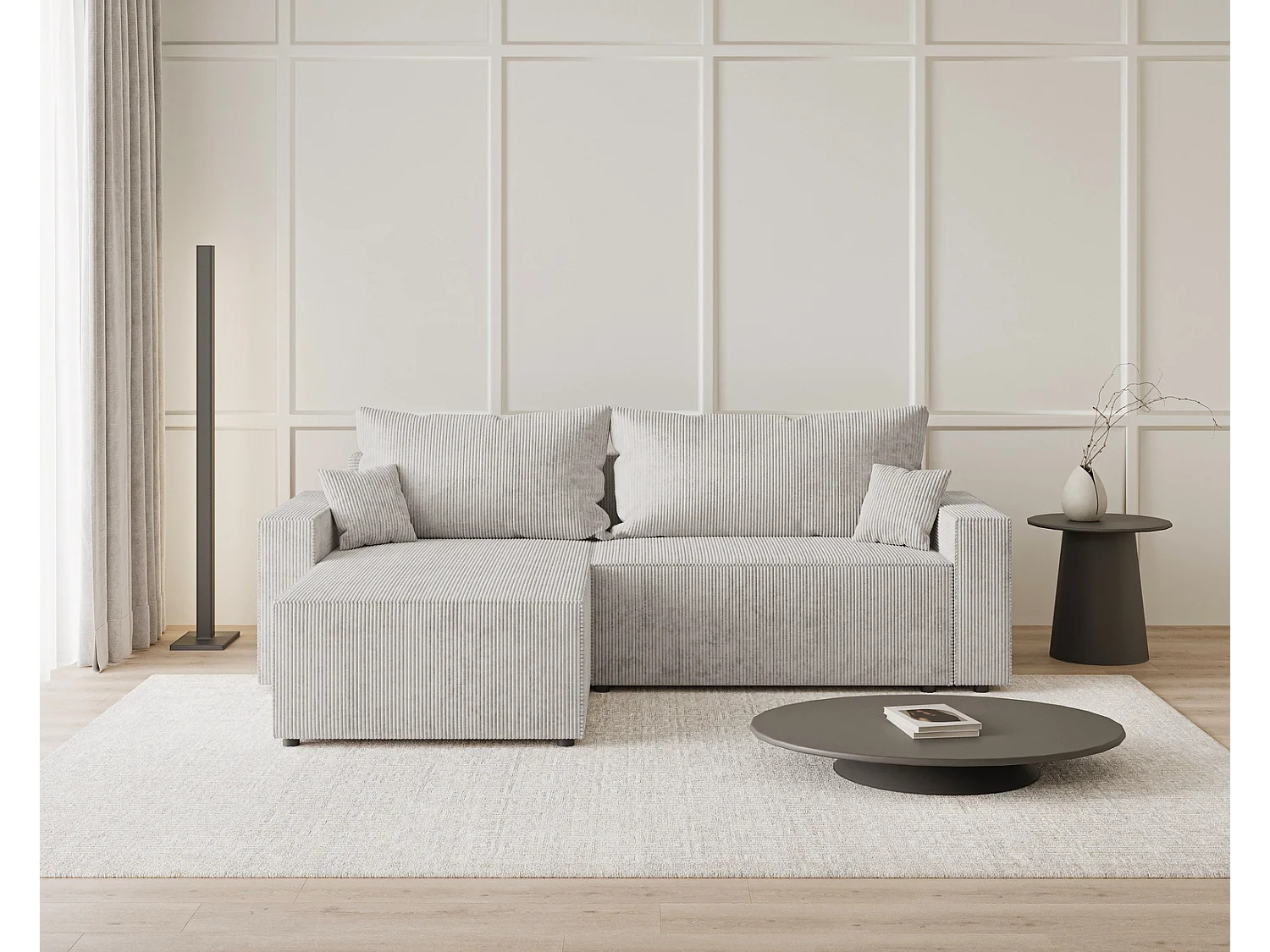 Emporius Lugo Canapé d'angle Convertible - Tissu Velours Côtelé, Canapé d'angle avec Rangement - Gauche, Gris clair (LincolD 84)