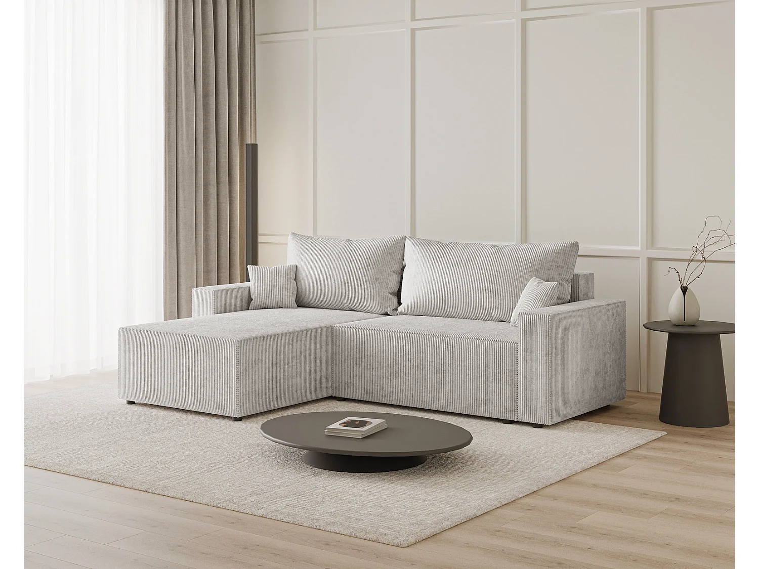 Hoekbank met slaapfunctie Lugo 250 cm, L-vorm, sofa, links, ribfluweel lichtgrijs