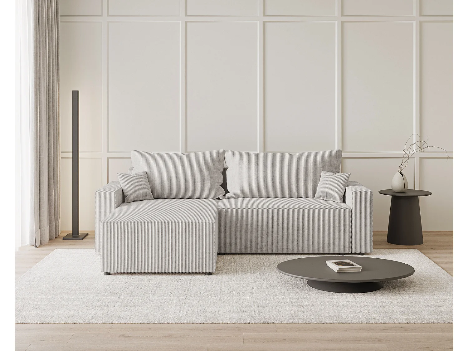 Hoekbank met slaapfunctie Lugo 250 cm, L-vorm, sofa, links, ribfluweel lichtgrijs