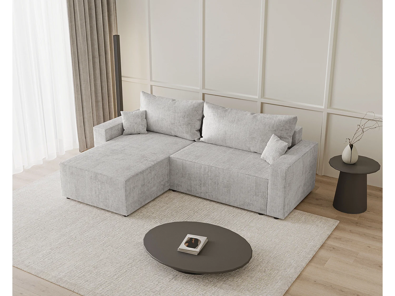 Hoekbank met slaapfunctie Lugo 250 cm, L-vorm, sofa, links, ribfluweel lichtgrijs