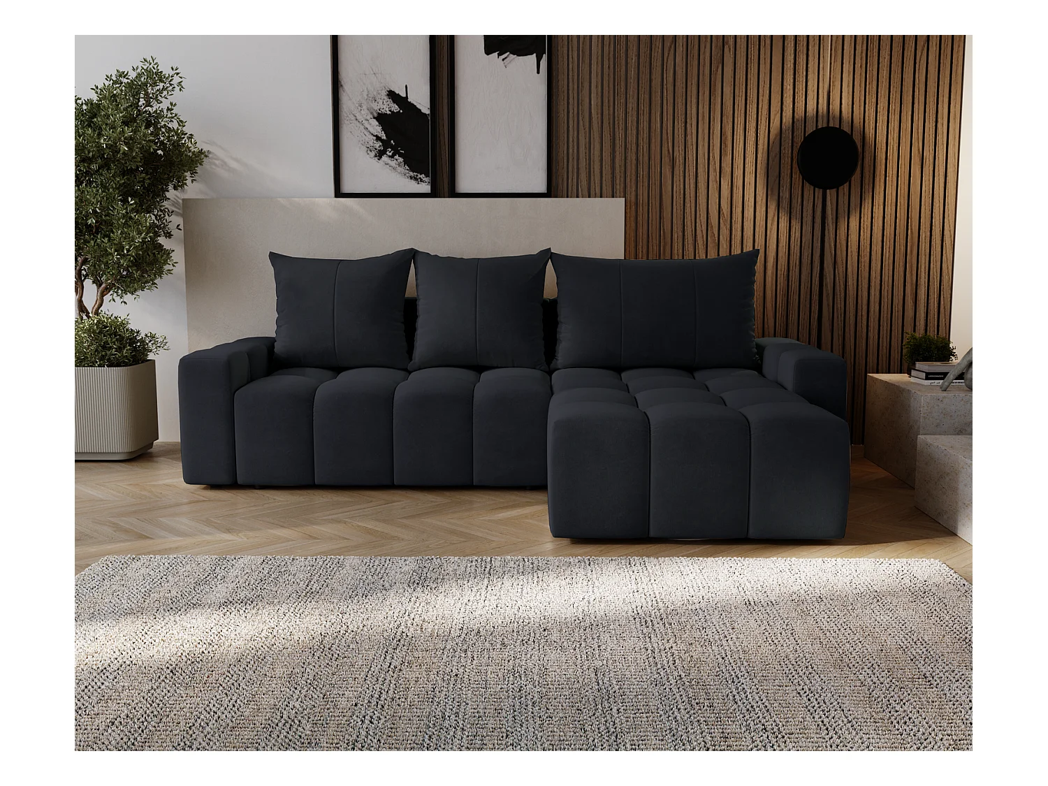 Emporius Wilson Canapé d'angle - Tissu Velours, Canapé 255 cm Convertible, Droite - Noir (Amor Velvet 4322)