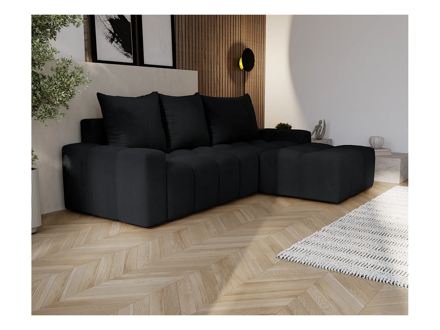 Emporius Wilson Canapé d'angle - Tissu Velours, Canapé 255 cm Convertible, Droite - Noir (Amor Velvet 4322)