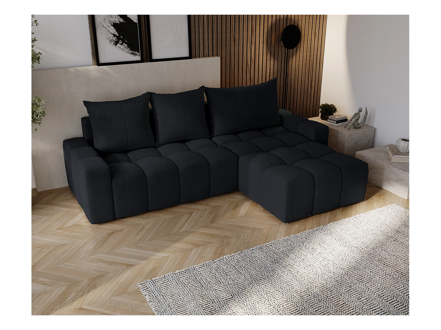 Emporius Wilson Canapé d'angle - Tissu Velours, Canapé 255 cm Convertible, Droite - Noir (Amor Velvet 4322)