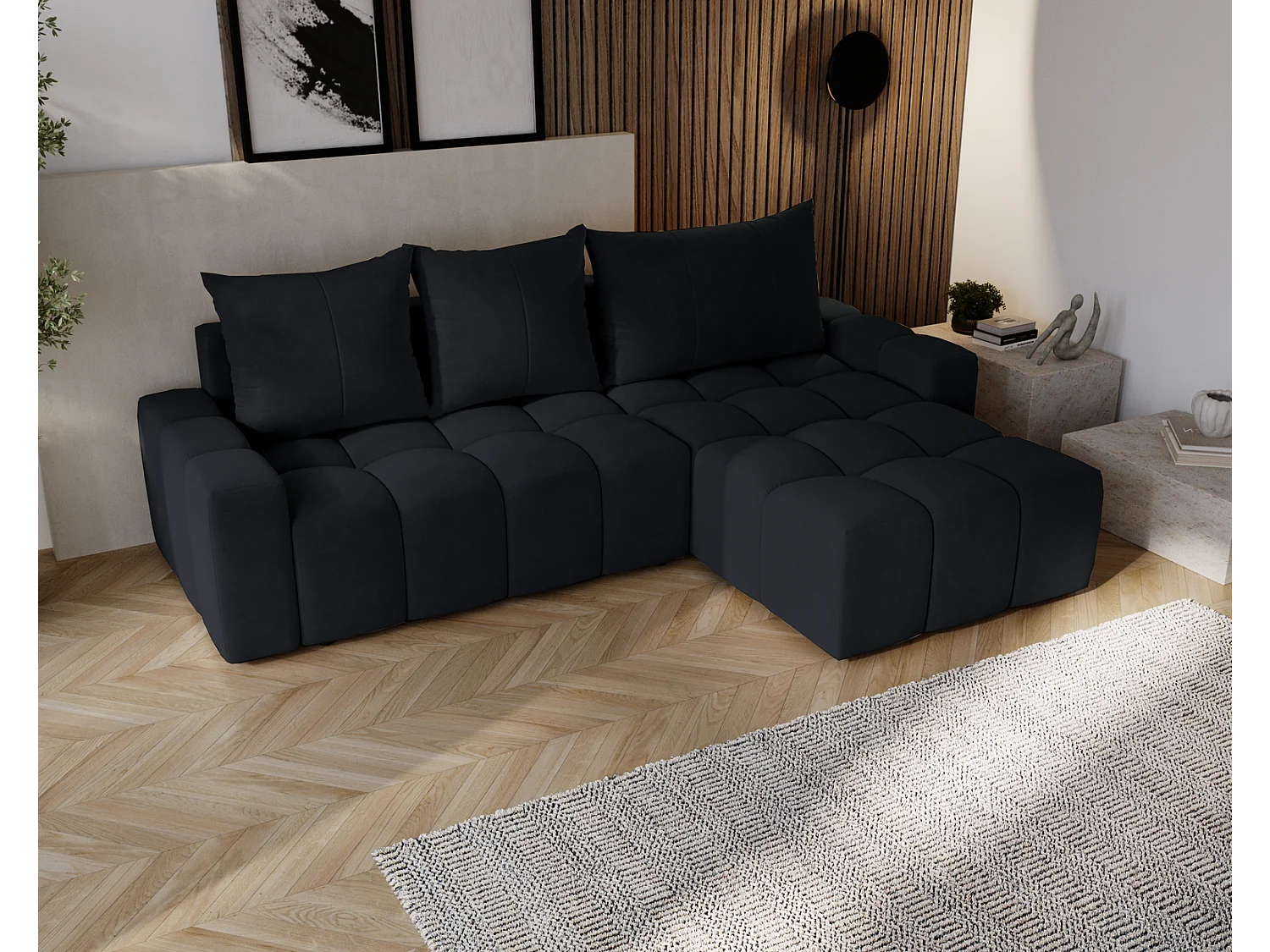 Emporius Wilson Canapé d'angle - Tissu Velours, Canapé 255 cm Convertible, Droite - Noir (Amor Velvet 4322)