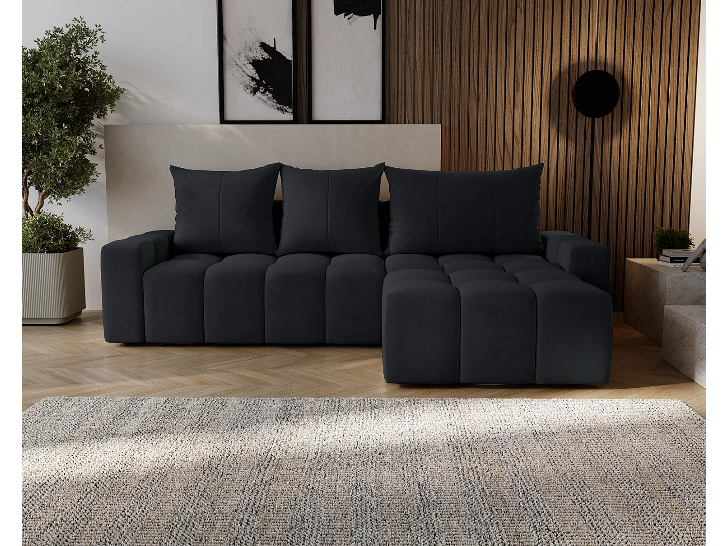 Emporius Wilson Canapé d'angle - Tissu Velours, Canapé 255 cm Convertible, Droite - Noir (Amor Velvet 4322)