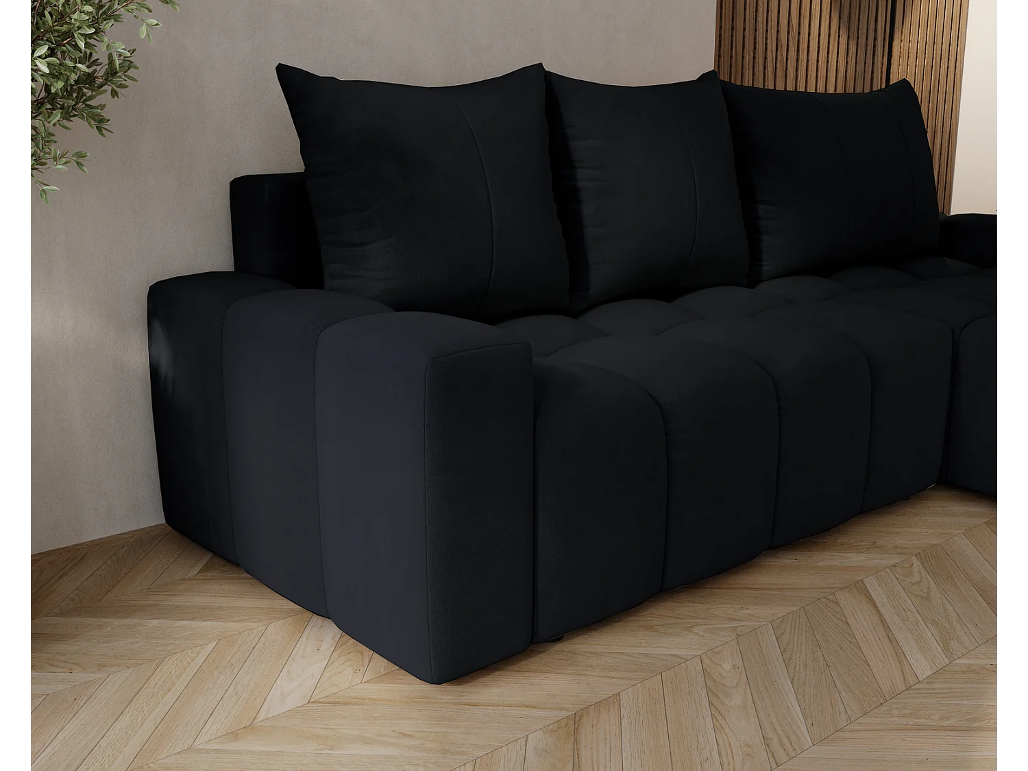 Emporius Wilson Canapé d'angle - Tissu Velours, Canapé 255 cm Convertible, Droite - Noir (Amor Velvet 4322)