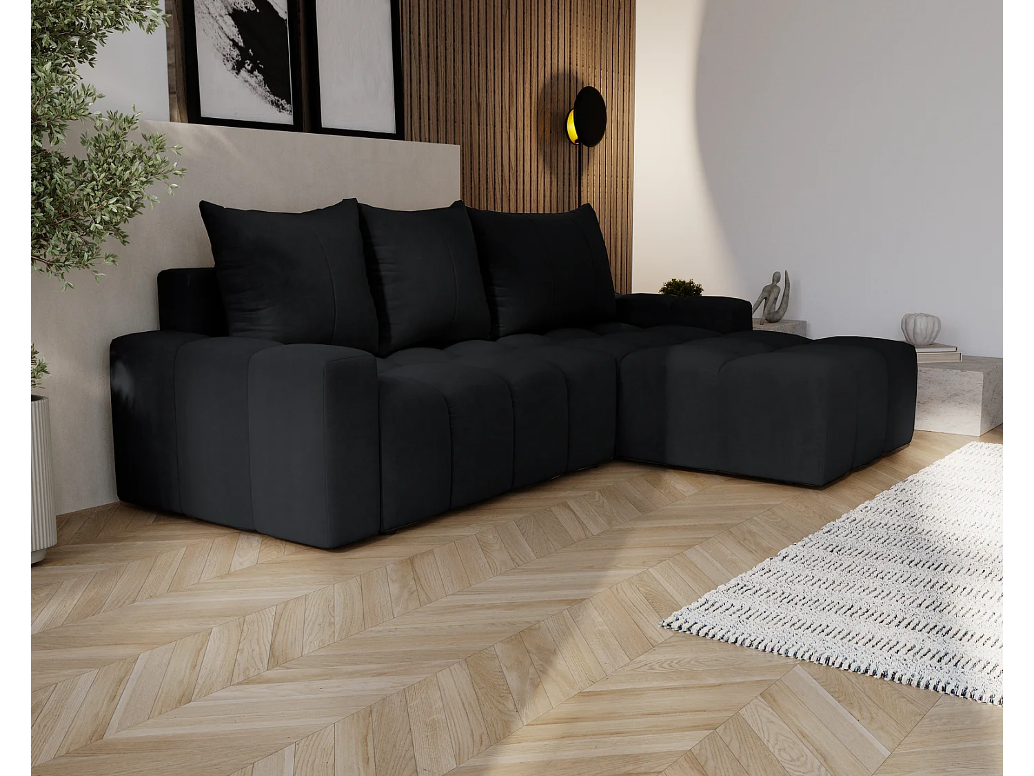 Emporius Wilson Canapé d'angle - Tissu Velours, Canapé 255 cm Convertible, Droite - Noir (Amor Velvet 4322)