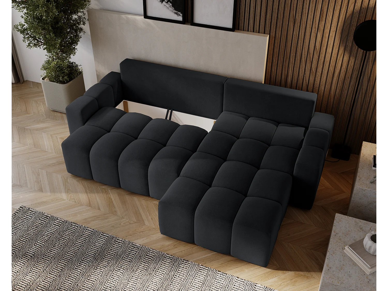 Emporius Wilson Canapé d'angle - Tissu Velours, Canapé 255 cm Convertible, Droite - Noir (Amor Velvet 4322)