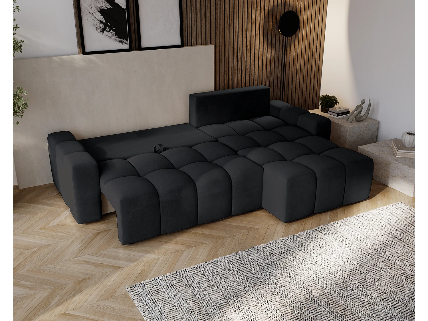 Emporius Wilson Canapé d'angle - Tissu Velours, Canapé 255 cm Convertible, Droite - Noir (Amor Velvet 4322)