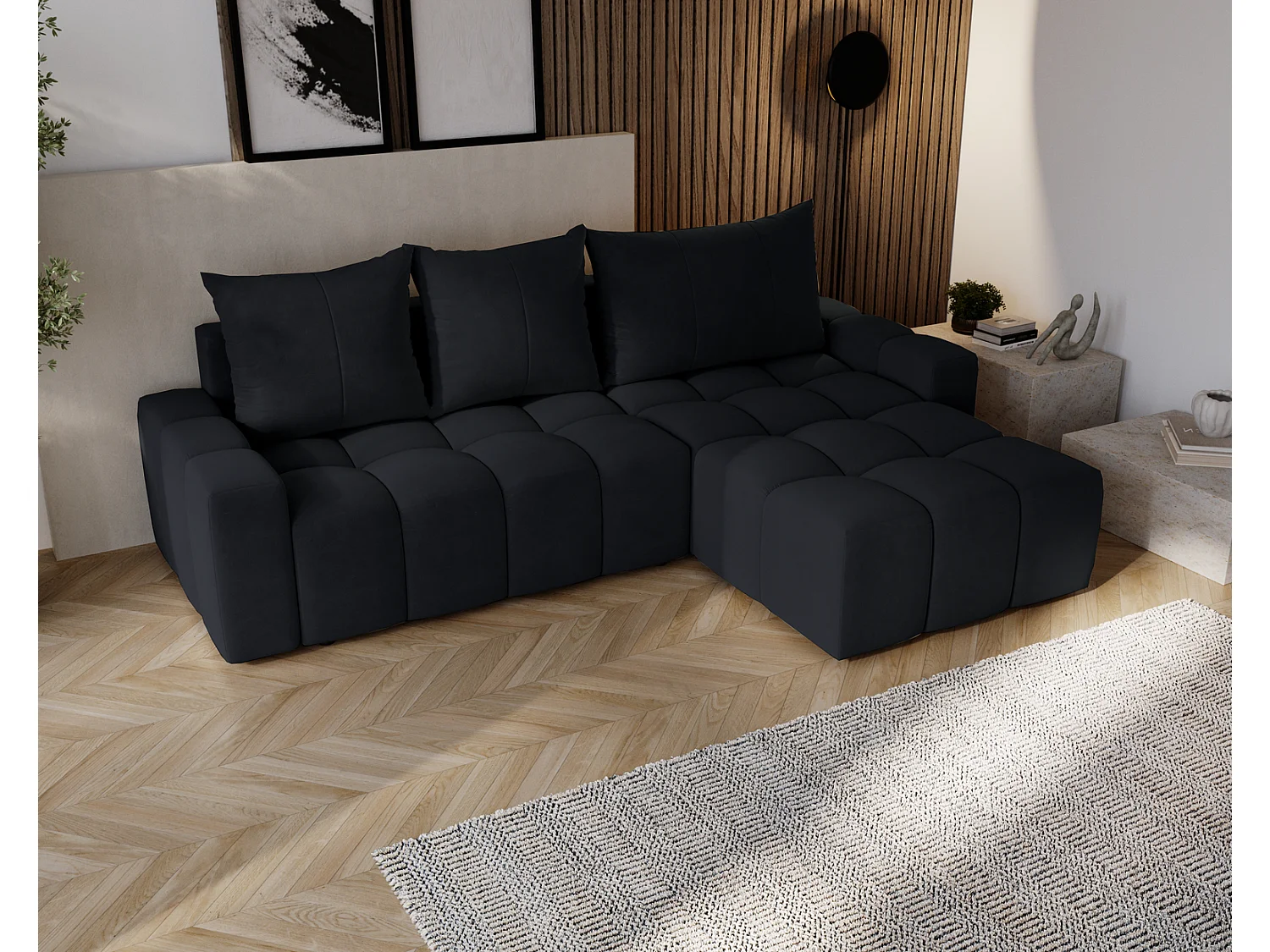 Canapé d'angle convertible Wilson, 255 cm, tissu velours, droit, noir