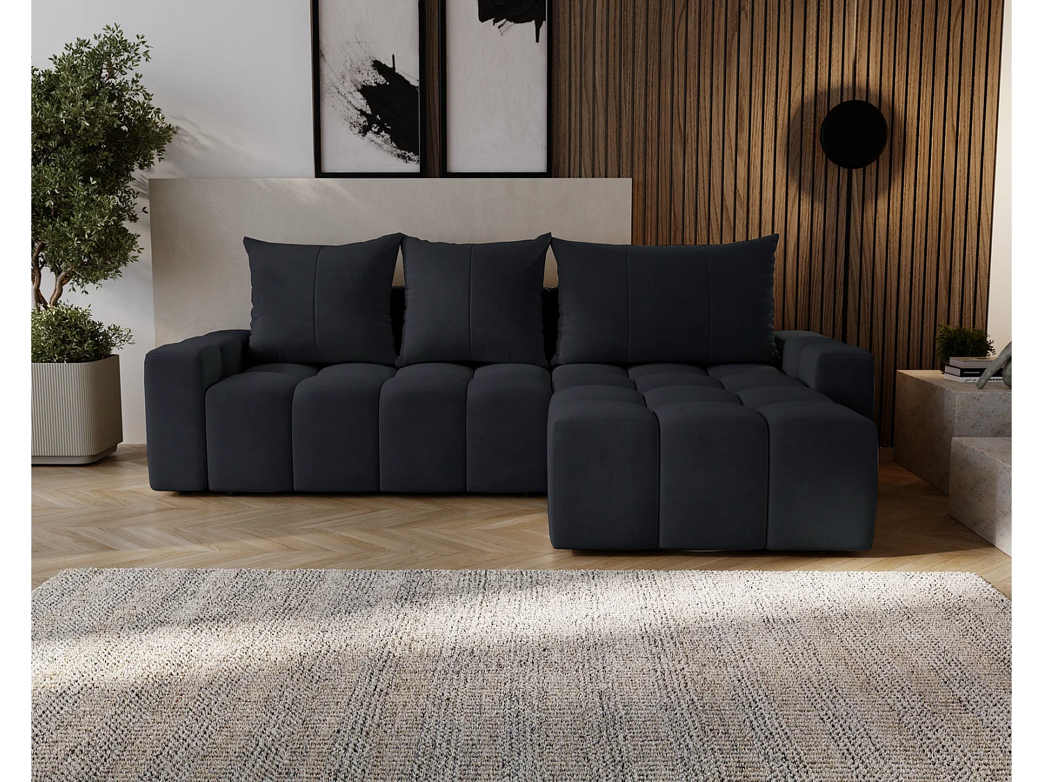 Canapé d'angle convertible Wilson, 255 cm, tissu velours, droit, noir