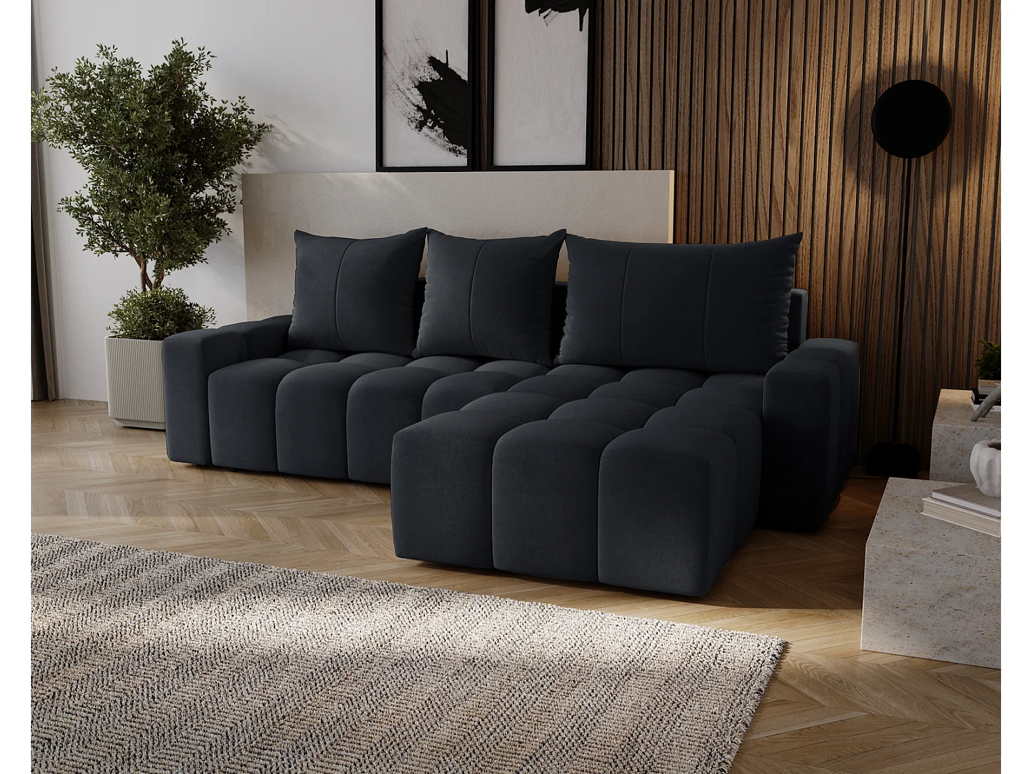 Canapé d'angle convertible Wilson, 255 cm, tissu velours, droit, noir