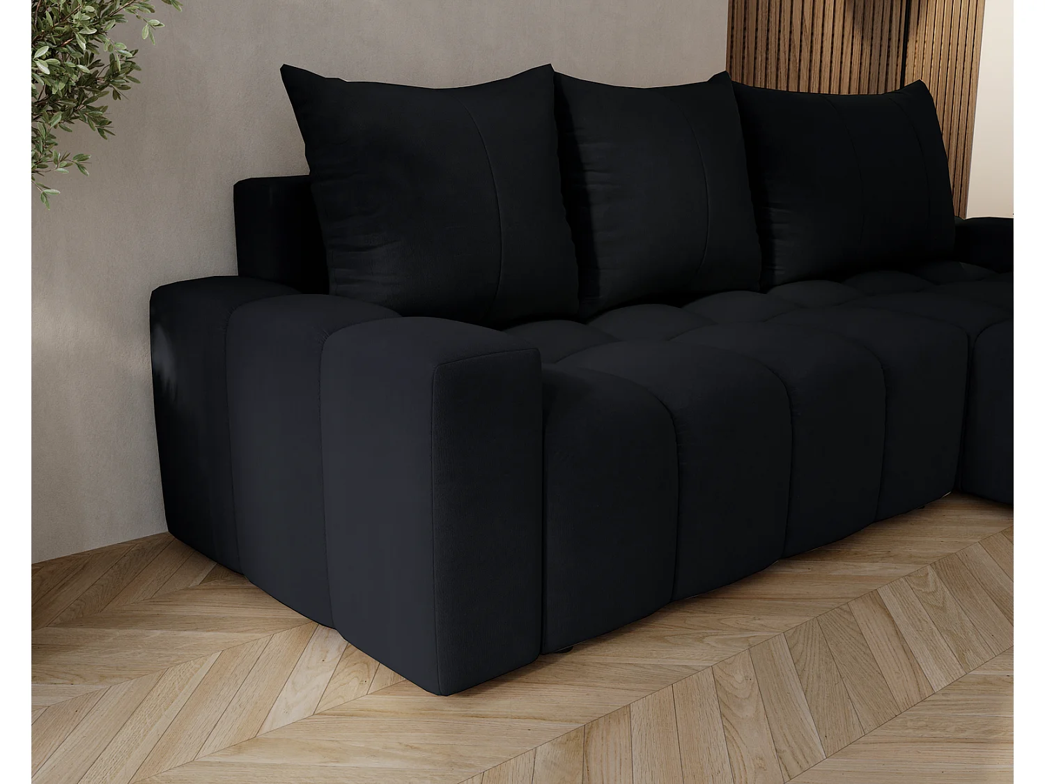 Canapé d'angle convertible Wilson, 255 cm, tissu velours, droit, noir