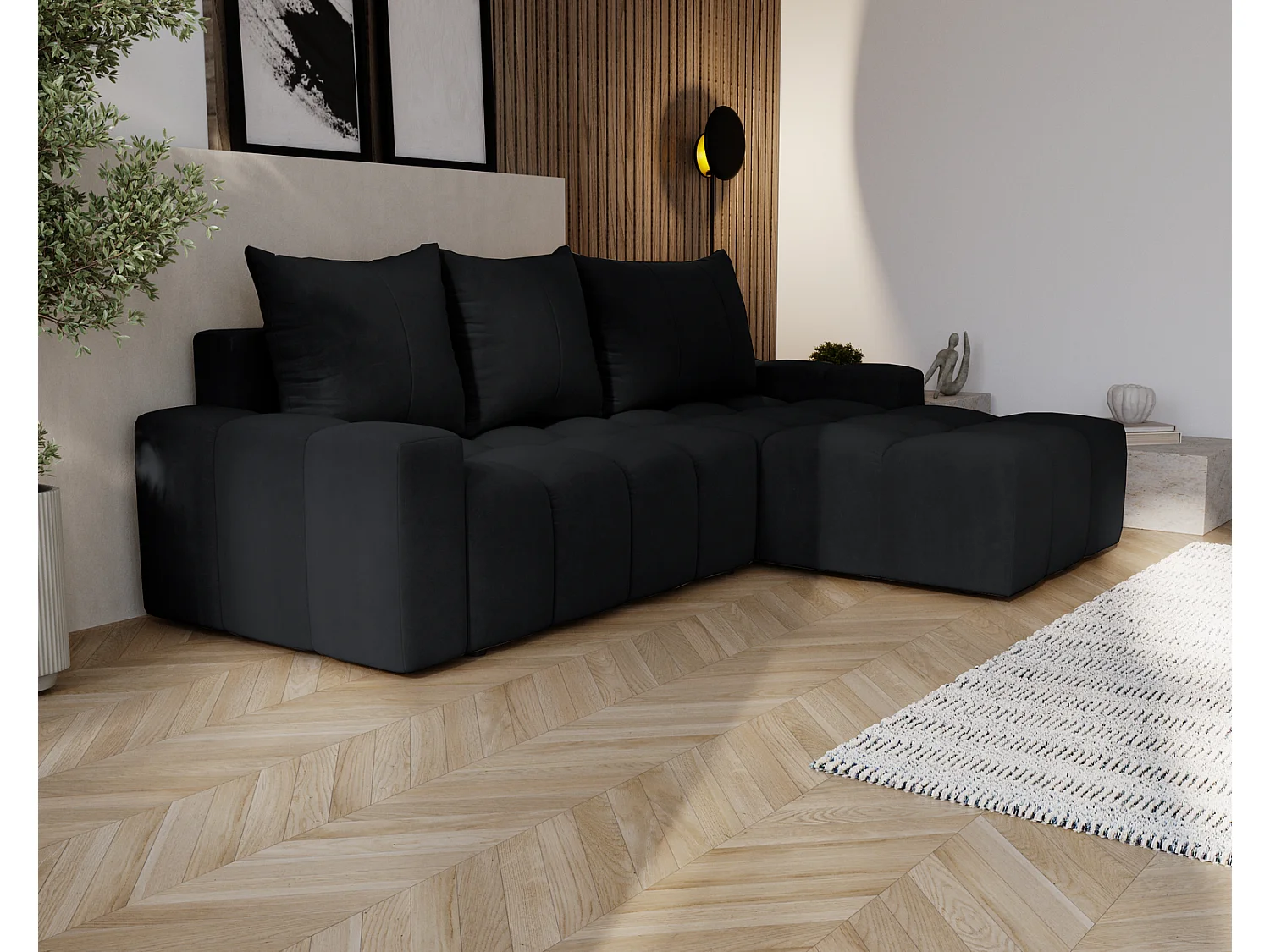 Canapé d'angle convertible Wilson, 255 cm, tissu velours, droit, noir