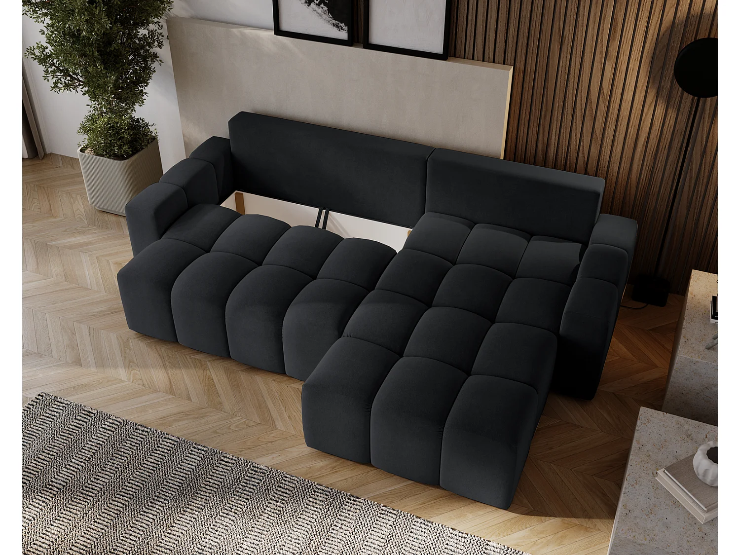 Canapé d'angle convertible Wilson, 255 cm, tissu velours, droit, noir
